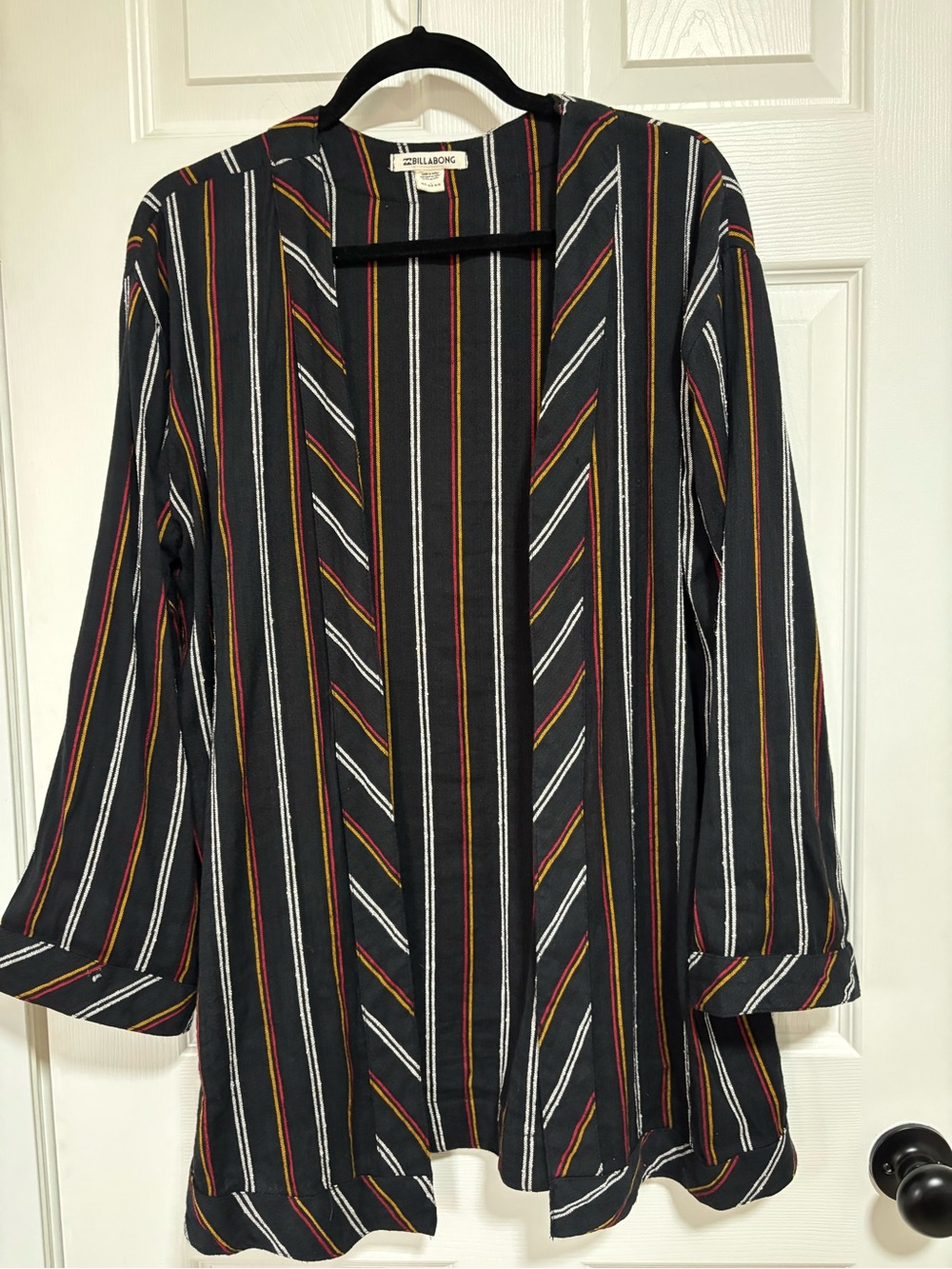 Billabong Black Open Front Cardigan with White, Red & Yellow Stripes